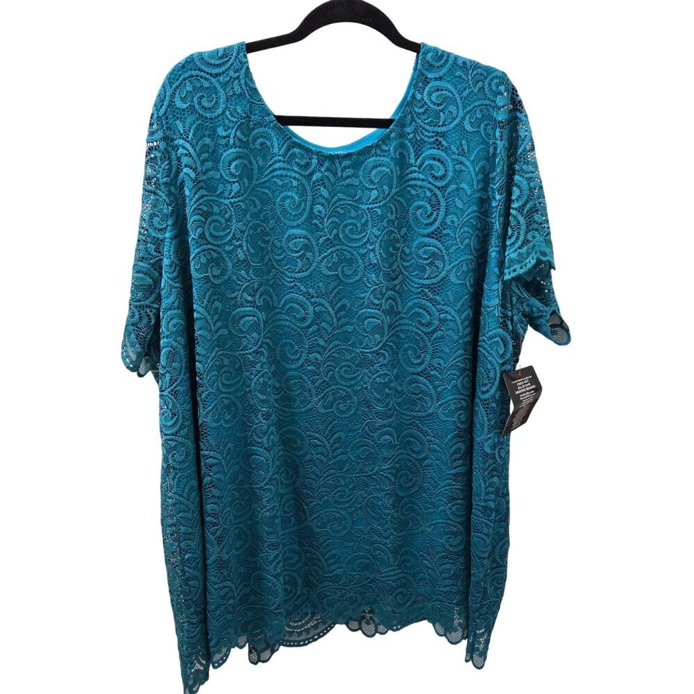 Jessica London Teal Lace Blouse Women 30/32 5X Scallop Hem‎ Lined Party Cocktail